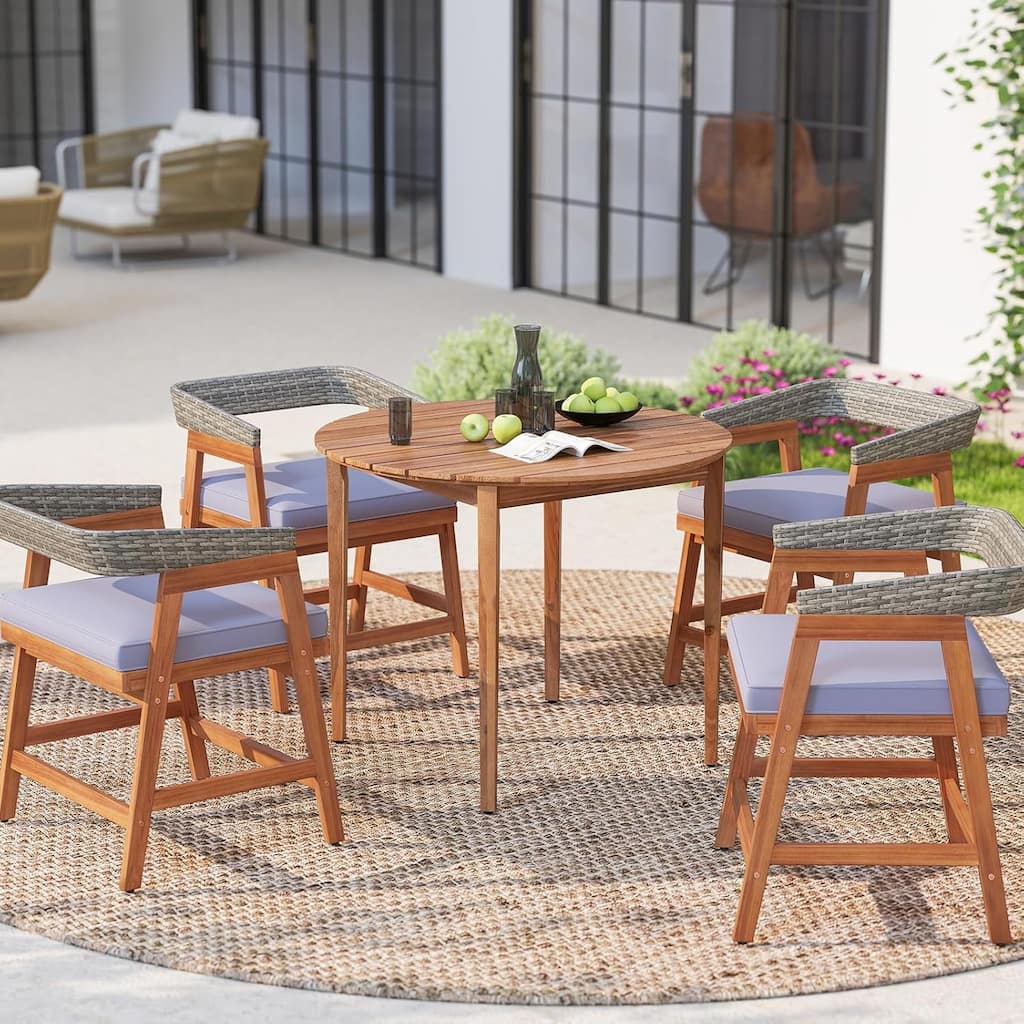 5 PCS Patio Dining Set Solid Wood Patio Round Table & Chairs Set