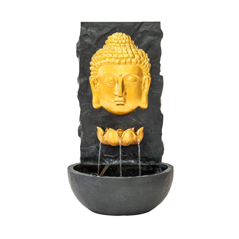 XBrand 30 in H Fiber Resin Wall Buddha Zen Outdoor Garden Water Fountain w/ warm LED Light - Gold