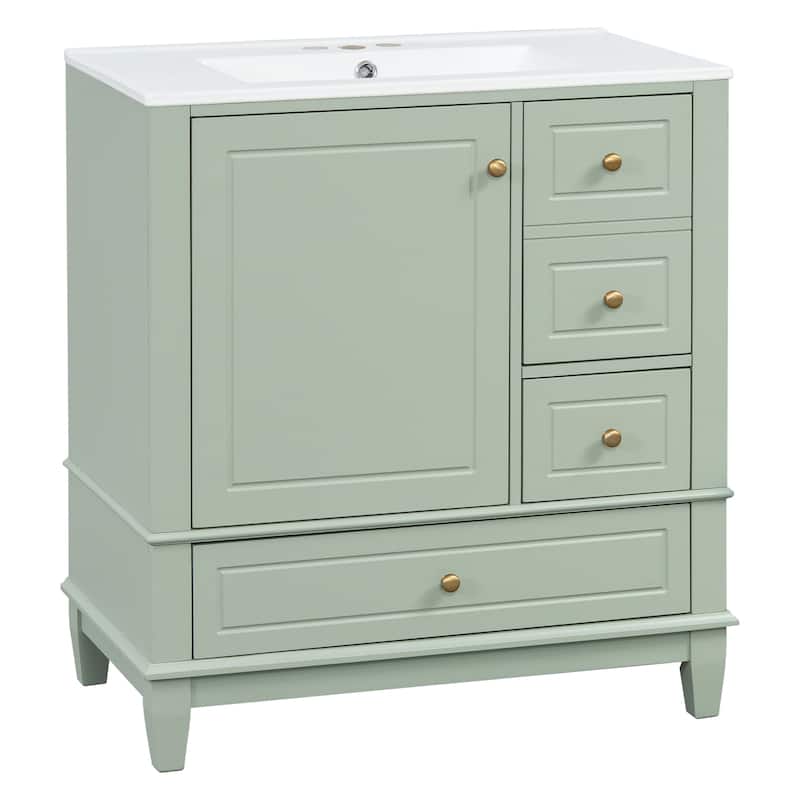 30" Bathroom Vanity w/Ceramic Sink and One-Door Shelf, Water-Resistant Wood One Cabinet Vanities w/ 3 Drawers & Soft Close Door