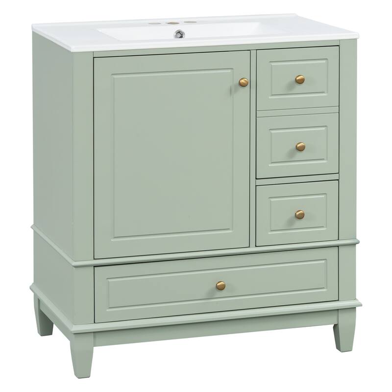 30" Bathroom Vanity with Sink, One Door with Shelf and Three Drawers, Soft Close Door, Light Green