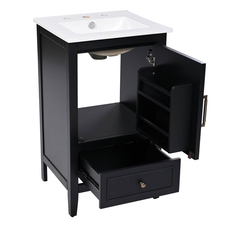 20" Bathroom Vanity with Ceramic Sink Combo, Freestanding Bathroom Storage Cabinet with 1 Door, 1 Storage Drawer and Door Shelf
