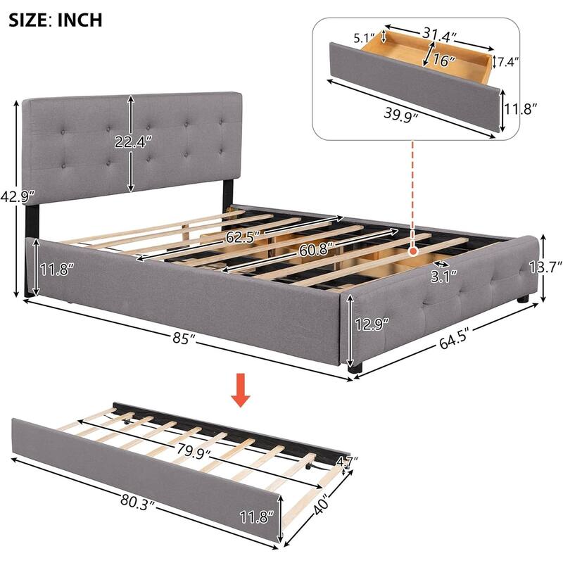 Queen Size Upholstered Platform Bed with 2 Drawers & Twin XL Trundle