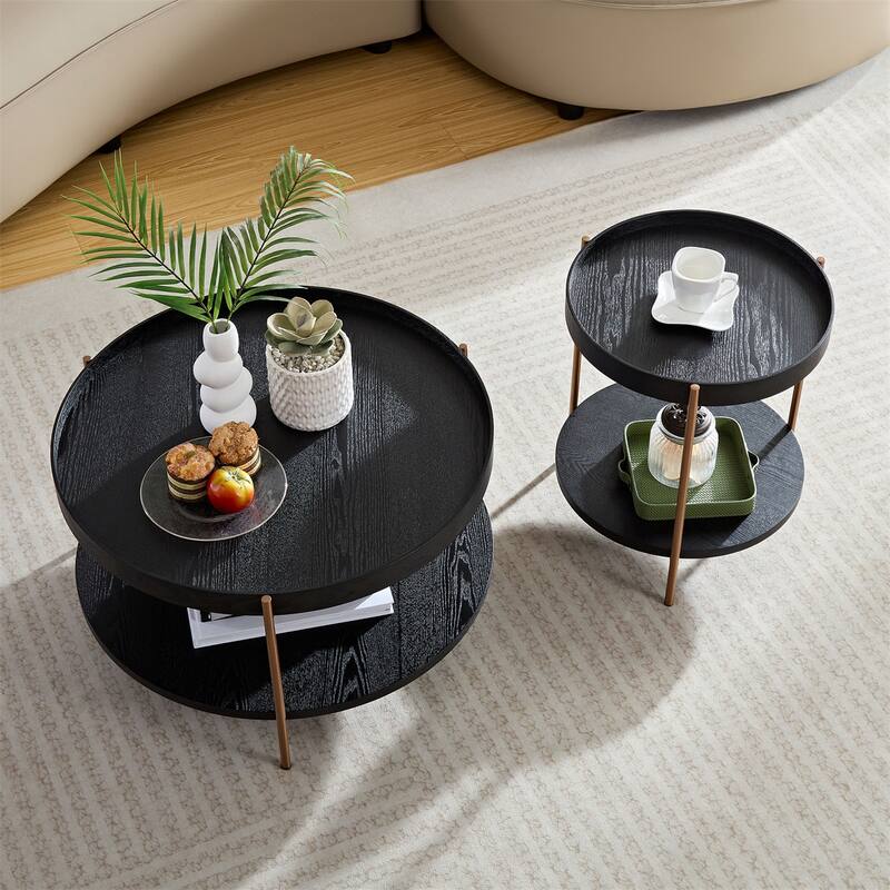 2-Piece 2 tier Round Coffee Table Set,Easy Assembly Nesting End Tables