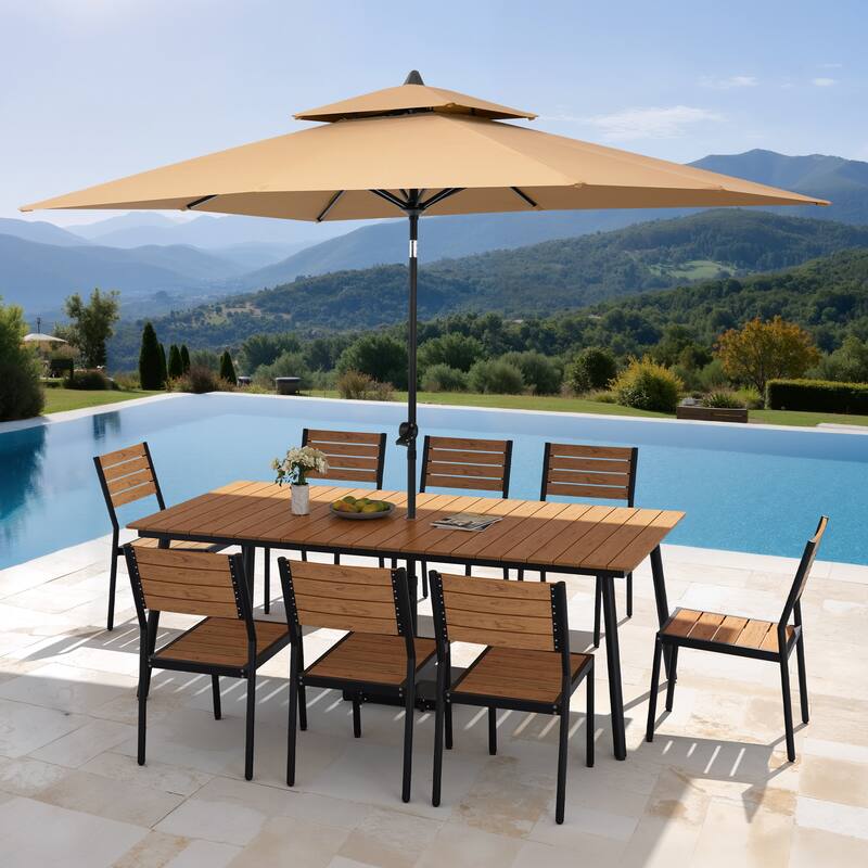 11PC Outdoor Patio Dining Set Aluminum Table with Stackable Chairs w/ Premium Market Umbrella Sets - BrownTable&BrownChairs&TanUmbrella