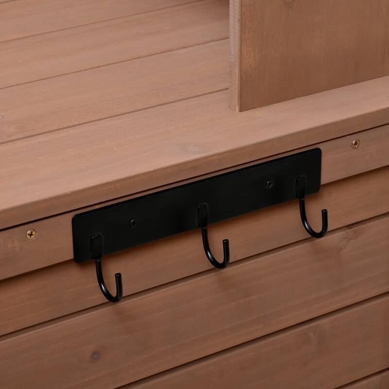 Outdoor Wood Potting Bench with Cabinets and Hutch, Garden Workstation Table with Adjustable Shelves and Hooks