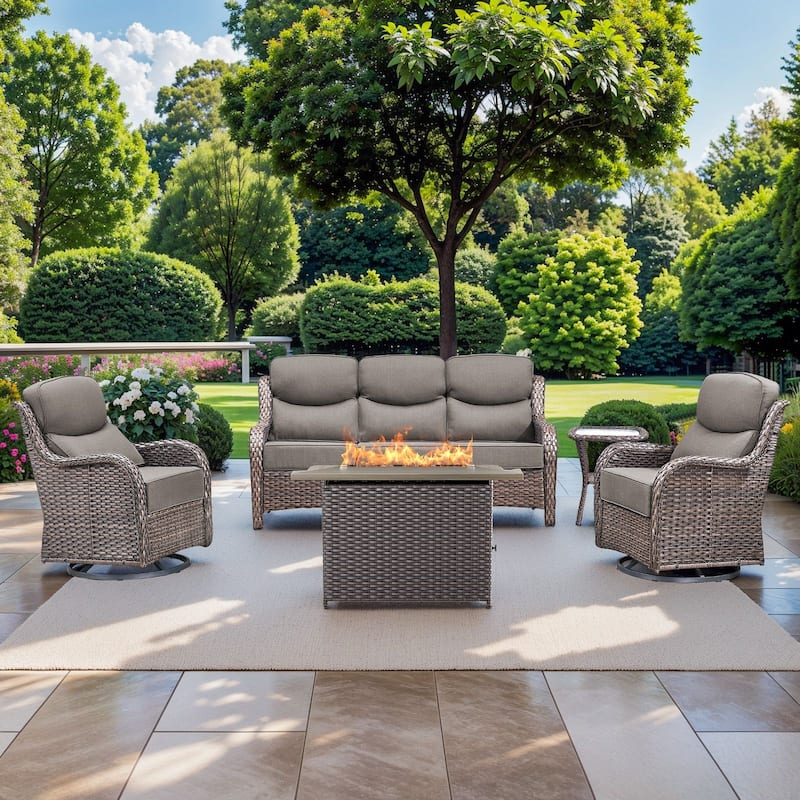 Pocassy 5PCS Outdoor 6Inch Sofa Swivel Chair Table w/ Fire Table - Gray cushion - Brown Wicker