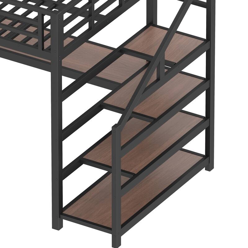 Twin XL Loft Bed with Desk and Storage Stairs, Metal Loft Beds with LED Lights, USB Ports, Multifunctional Iron Nets