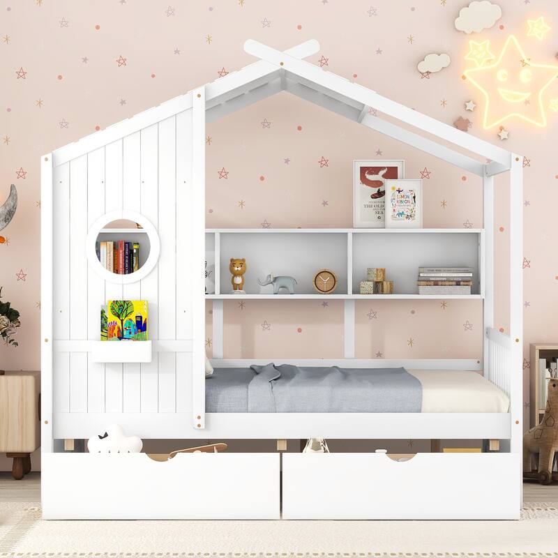 Wooden Storage Platform Bed House Shaped Kids Bed with Windows & Roof