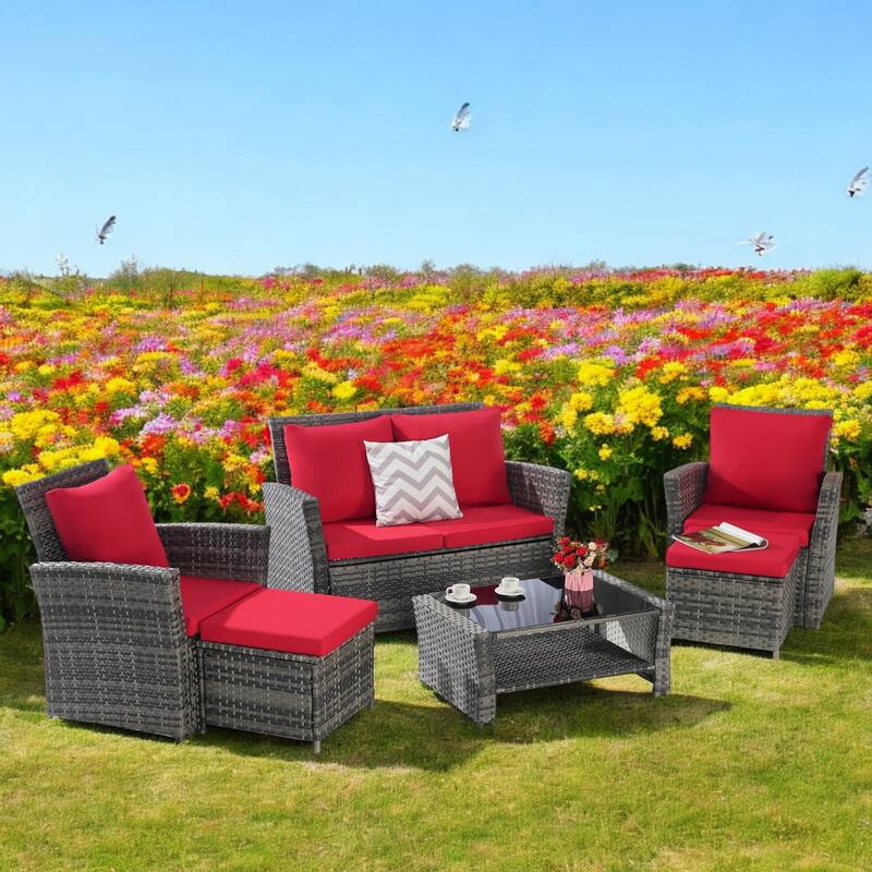 6-Piece Wicker Patio Furniture Set with Cushions & Coffee Table & Ottomans, Sofa for Outdoor Garden, Patio, or Balcony