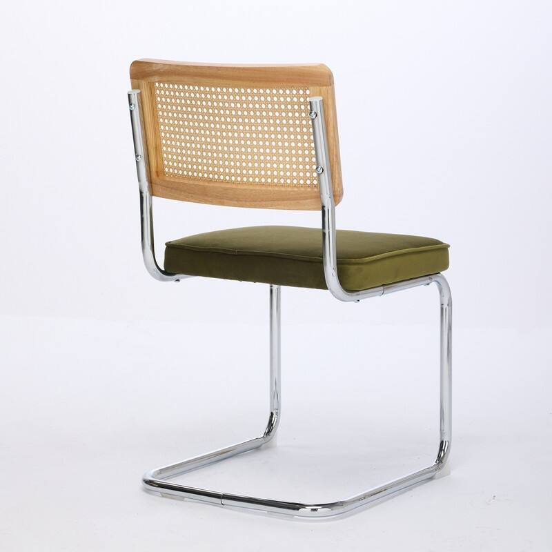 Mid Century Modern Dining Chairs Set of 2, Natural Cane Back & Stainless Chrome Base, Upholstered Rattan Kitchen Chairs