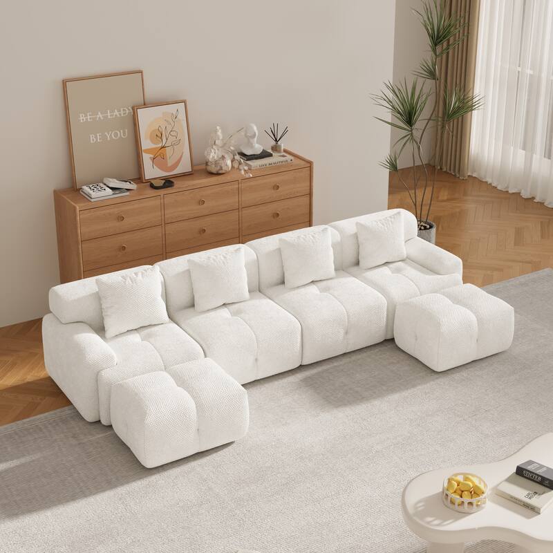Roomfitters U Shaped Modular Sectional Sofa Bed Chaise, 6-Piece Cloud Tufted Floor Couch with 2 Ottomans and 4 Pillows