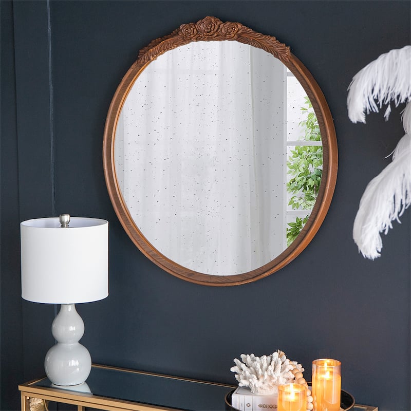 Round Hand Carved Rose Antique Mirror Frame - Brown