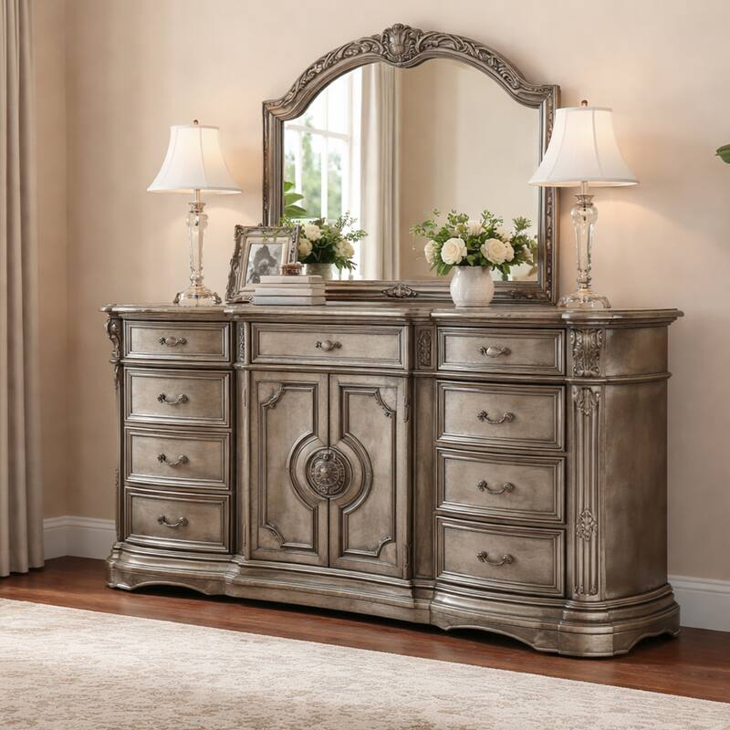 Traditional Dresser with 2 Door Storage and Molded Details, Antique Silver