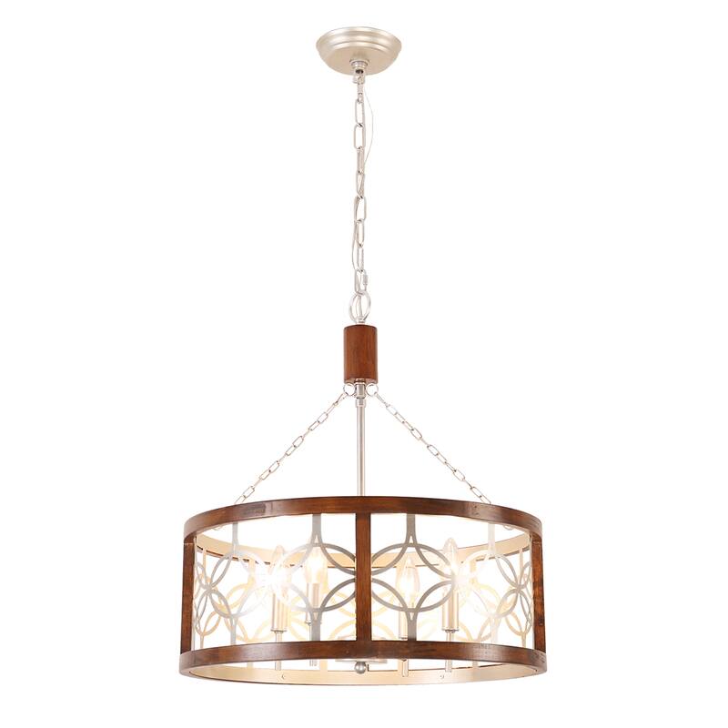 Bella Depot 4-Light Distressed Wood Wheel Chandelier Engraved Pattern Pendant Light with Adjustable Chain