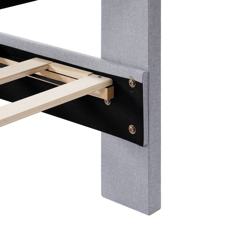 Queen Bed Frame with Wingback/Linen Upholstered Platform Bed with Square Stitched Headboard/Wood Slats Support/Solid Wood Legs