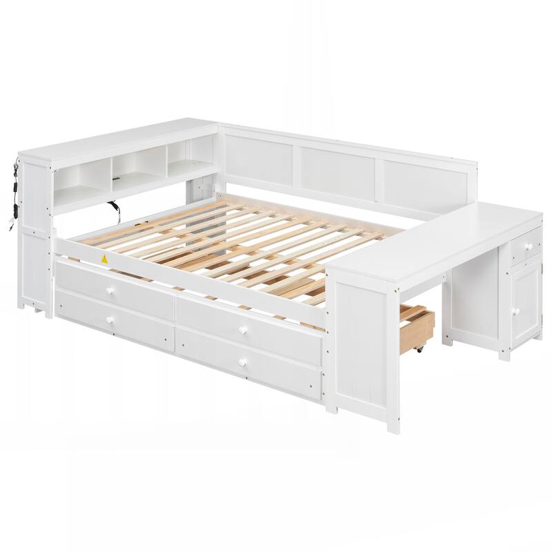 Full Size Daybed with Storage Shelves,Drawers,Trundle,Charging Station,LED Light