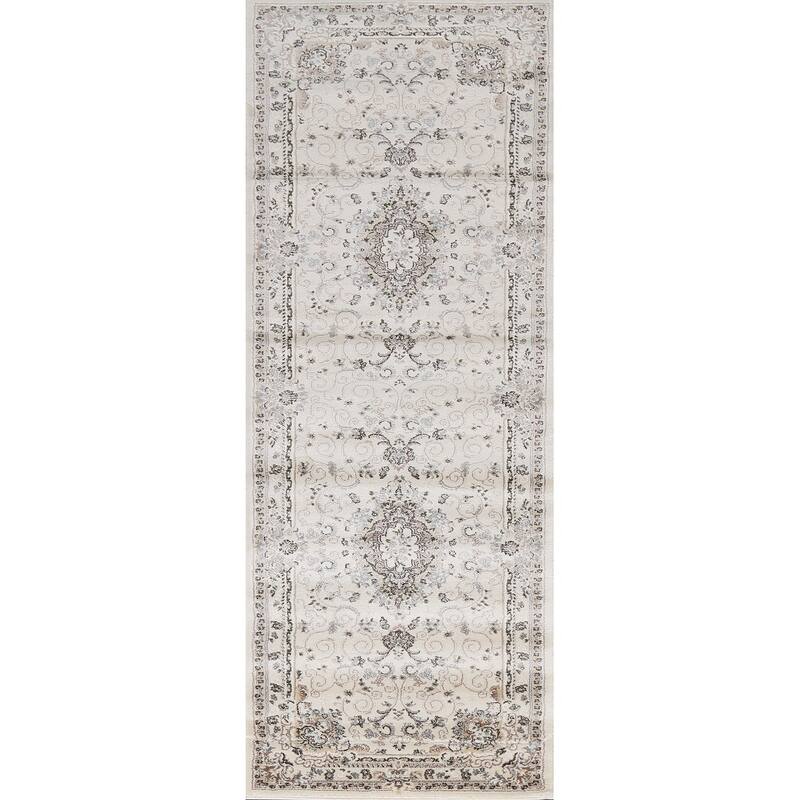 Floral Medallion Turkish Transitional Oriental Rug Traditional Carpet - 2'7" x 7'10" - Ivory