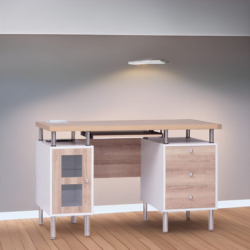 3-Drawer Filing Cabinet, Two-Tone Office Desk Power Outlets & USB Ports – Includes 3 Drawers and 1 Storage Cabinet - White,Natural