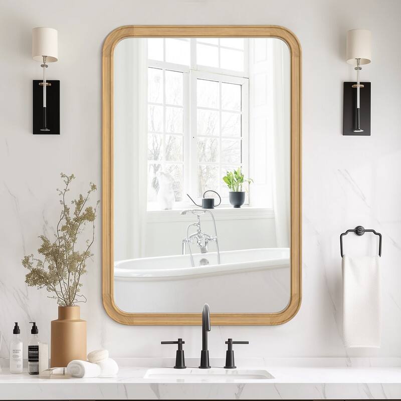 Pine Wooden Framed Standard Farmhouse Style Rectangle Wall Mirror - 24"x36" - Light Brown