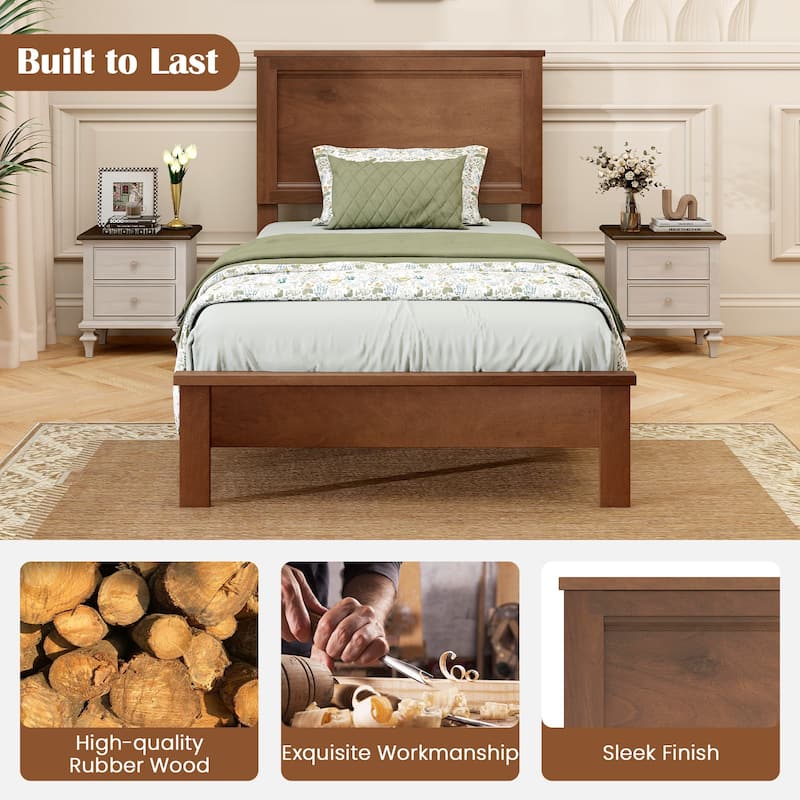 Walnut Rubber Wood Twin Size Platform Bed Frame with Slats Support and Headboard Underbed Storage Space