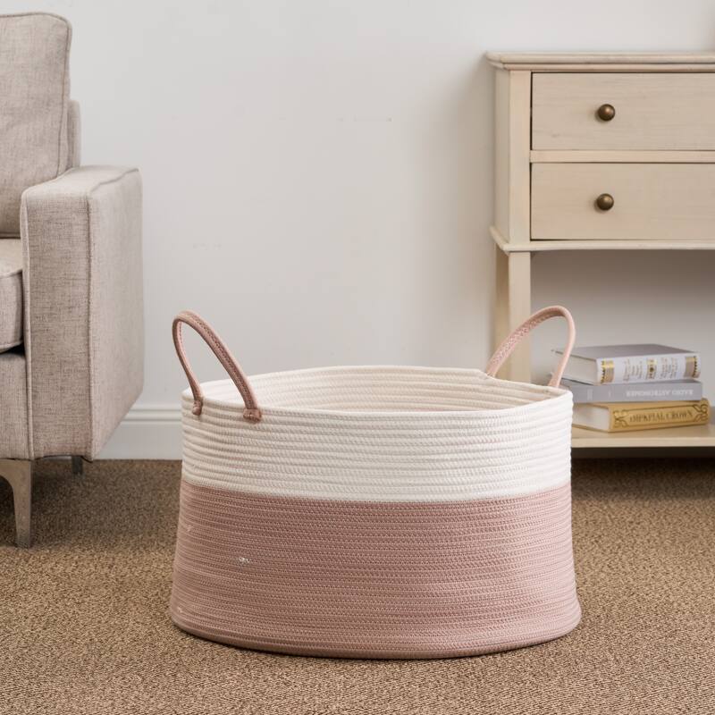 Cotton Round White Brown Laundry and Storage Basket