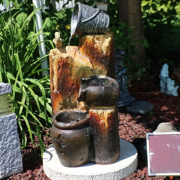 Sunnydaze Cascading Log and Buckets Solar-on-Demand Water Fountain - 30-Inch