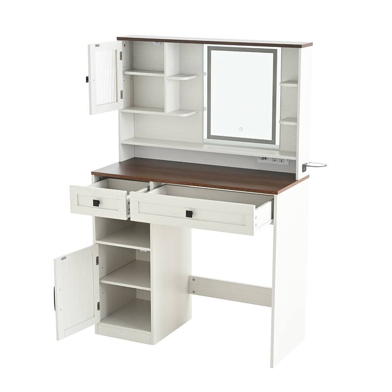 Vanity Desk with Touch Control Light Mirror, Dressing Table Set with Charging Station & Stool, Large Makeup Vanity Table