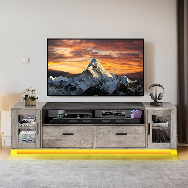 Moasis Modern LED TV Stand w/Power Outlets & USB Ports, 2 Storage Drawers Entertainment Center