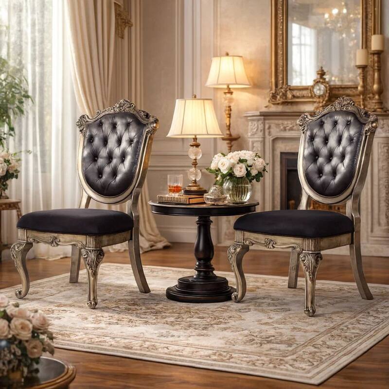 Wooden Side Chair with Cabriole Legs and Fabric Upholstered Seat, Gray and Silver, Set of Two