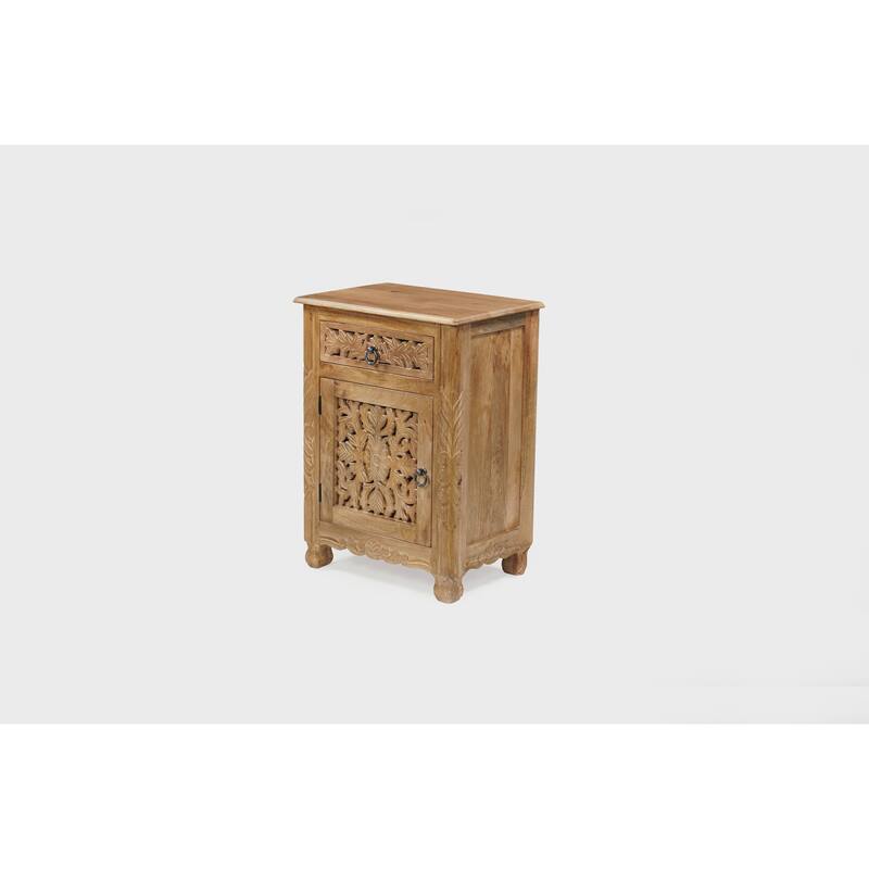 Florence Floral Solid Mango Wood 1-Drawer Nightstand with Cabinet Storage Assembled