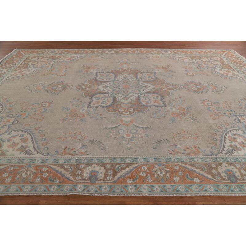 Hand Knotted Oriental 100% Wool Carpet Traditional Floral Beige & Ivories Tabriz Area Rug - 12' 11'' X 9' 9''