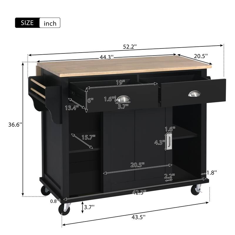 Rolling Kitchen Island with Drop-Leaf Countertop, Adjustable Shelves, 2 Drawers & Sliding Barn Door - Mint Green