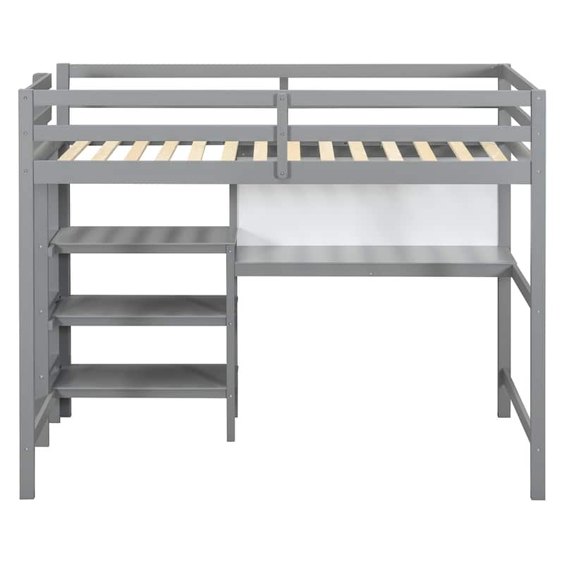 Space-Saving Twin Loft Bed with Shelves, Desk & Writing Board - Gray