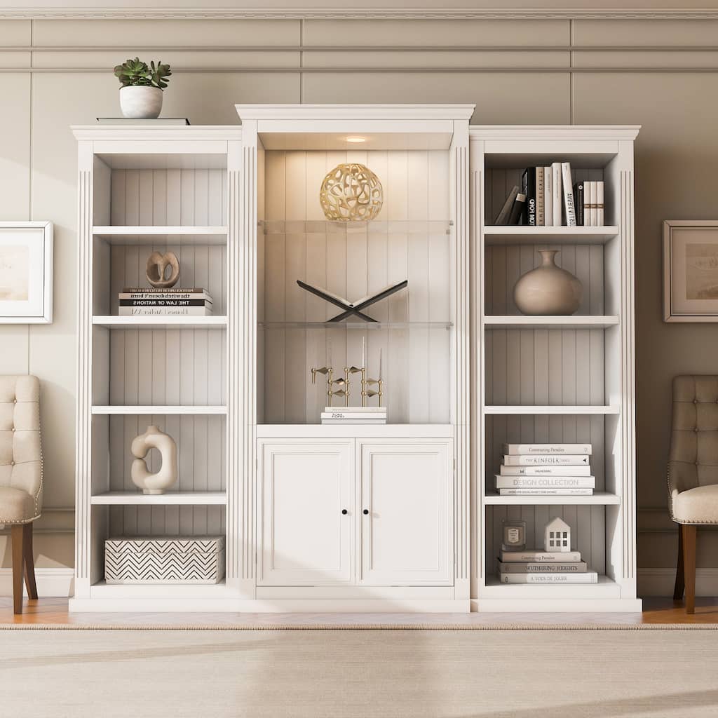 3-Piece Bookcase Cabinet Set with Adjustable Glass Shelves, Display Storage Cabinet with 5-Color LED Lighting