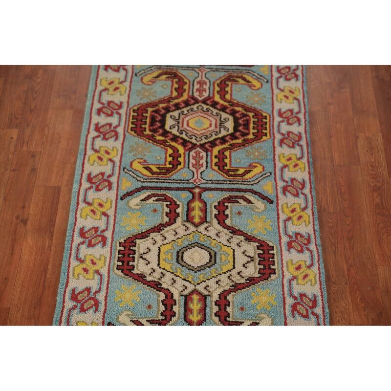 Light Blue Geometric Kazak Indian Runner Rug Handmade Wool Carpet - 2'6"x 9'11"