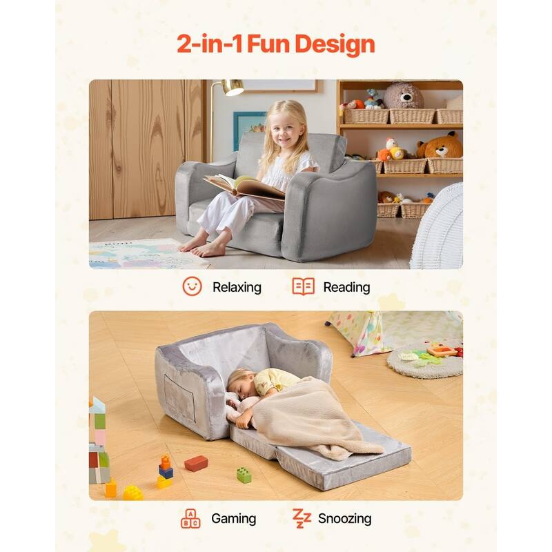 2 in 1 Soft Plush Fabric Convertible Toddler Couch Nap Bed with Armrest for Kids 18 Months-6 Years - 23.6 x 17.5 x 15.9 in