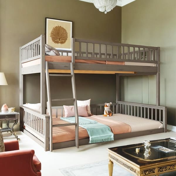 slide 2 of 17, Full XL over Queen Bunk Bed with Ladder and Guardrails Grey
