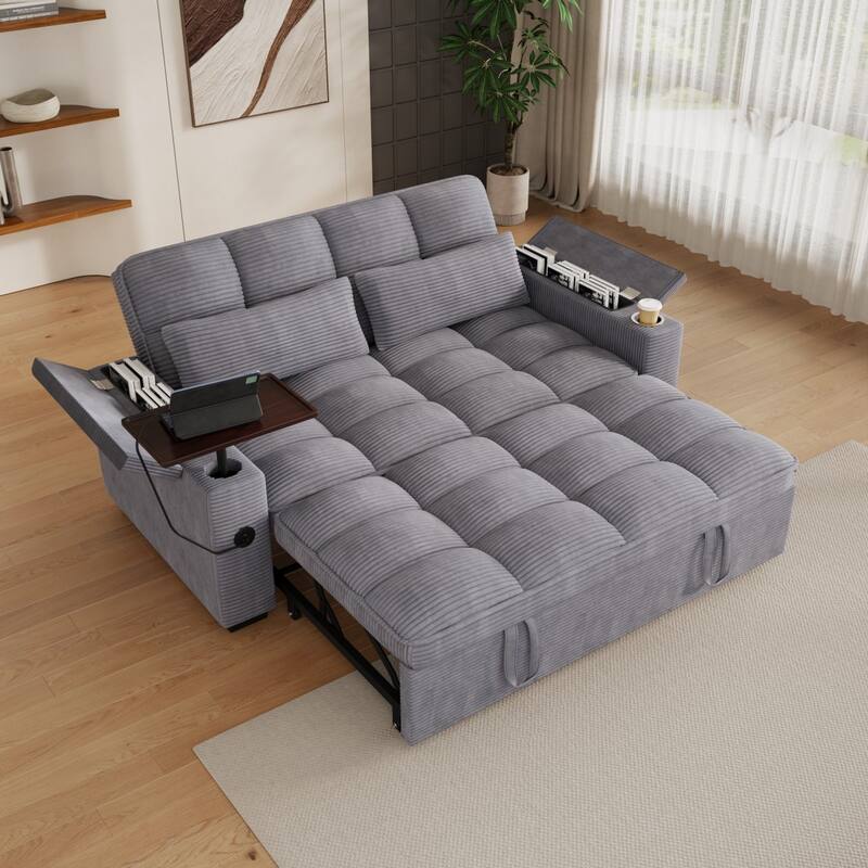 65'' Chenille 3-in-1 Folding Sectional Sofa with 360-Degree Swivel Side Table