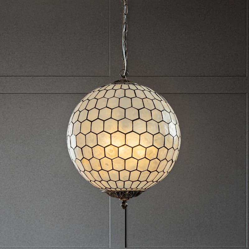 3-Light 18'' Antique Brass French Vintage Cosatal Glam Chandelier with Natural CAPIZ SHELL Globe Lantern Hanging Light - W18''