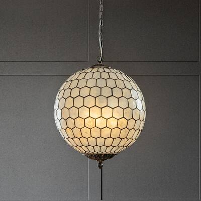 3-Light 18'' Antique Brass French Vintage Cosatal Glam Chandelier with Natural CAPIZ SHELL Globe Lantern Hanging Light - W18''