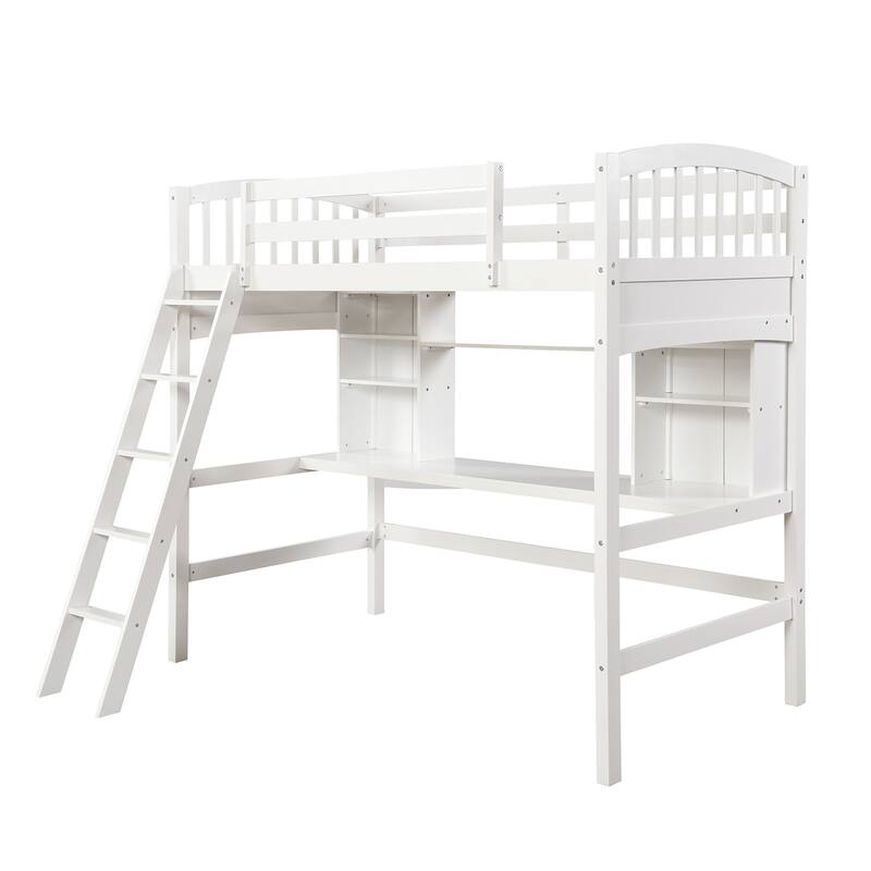 Twin Size Loft Bed with Storage Shelves, Desk and Ladder in White