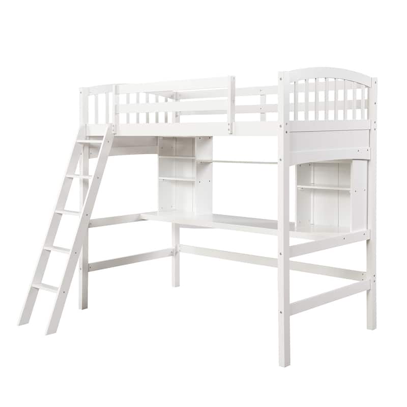 Twin size Loft Bed with Storage Shelves, Desk and Ladder