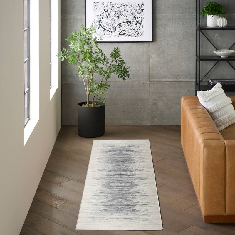 DKNY Grand Street Indoor only Abstract Area Rug - Ivory/Blue - 2'2" x 10'