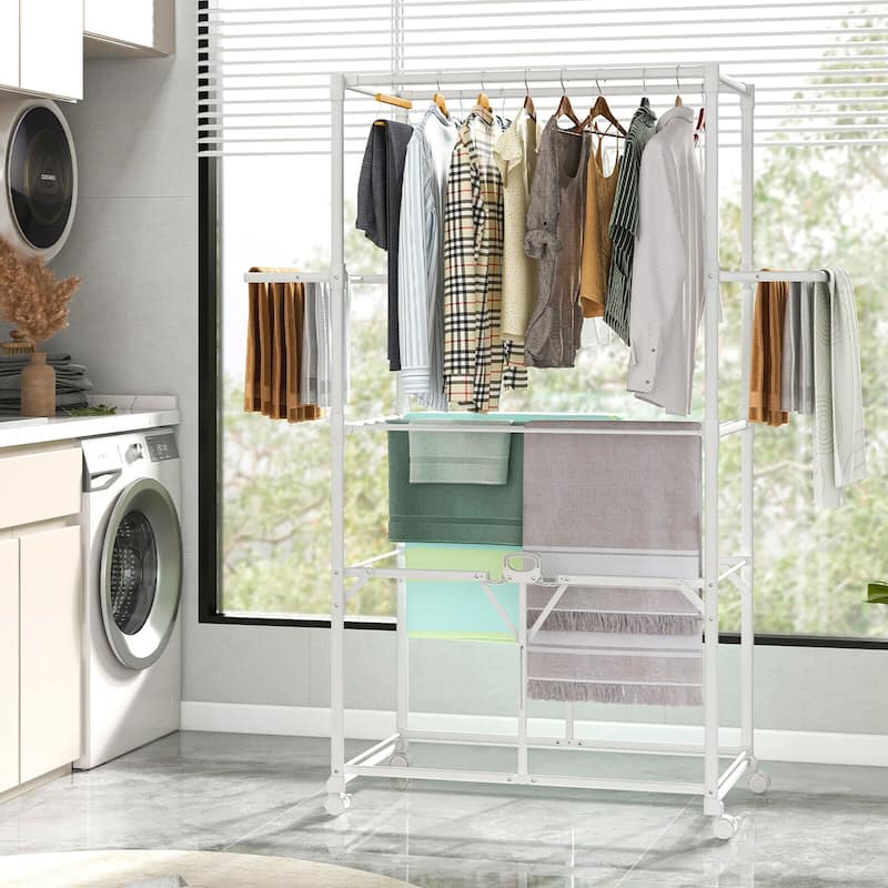 Gymax Collapsible Laundry Rack Foldable Clothes Drying Rack w/ Hanging