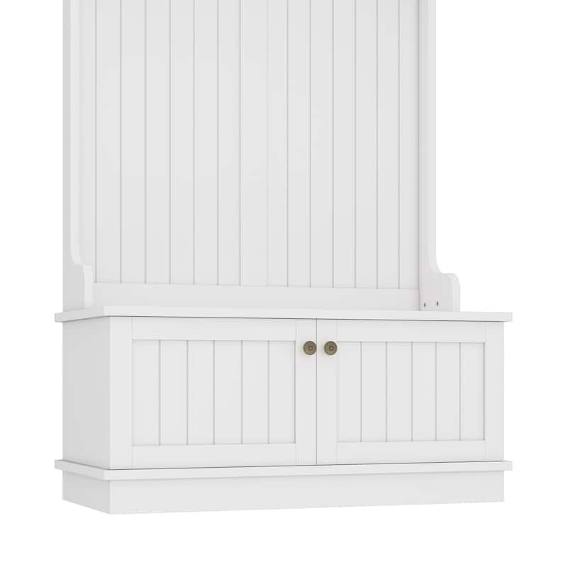 GDFStudio - Cherry Hall Tree with Shoe Bench, Coat Hooks and Display Shelves - 4-in-1 Entryway Organizer