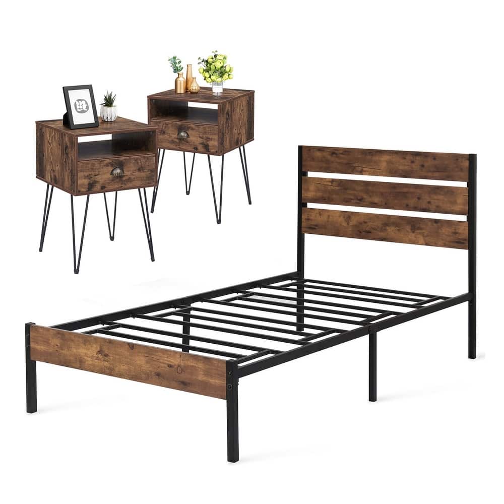 3-Pieces Bedroom Set with Rustic Brown Platform Bed Frame and Nightstands Set of 2
