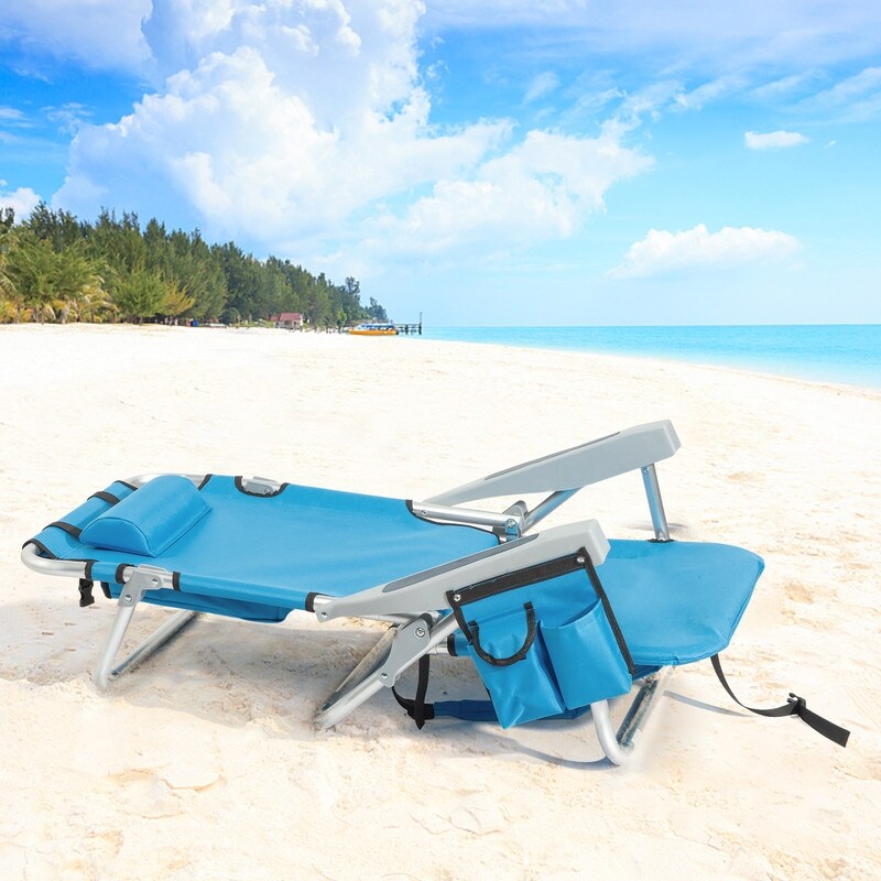 5 Position Classic Lay Flat Folding Backpack Beach Chair Aluminum Blue