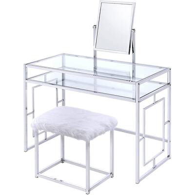 ACME Carenze II Curio Cabinet in White Faux Fur & Chrome