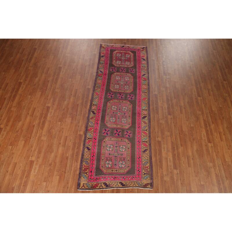 Ardebil Persian Vintage Runner Rug Handmade Geometric Wool Carpet - 3'8" x 10'6"