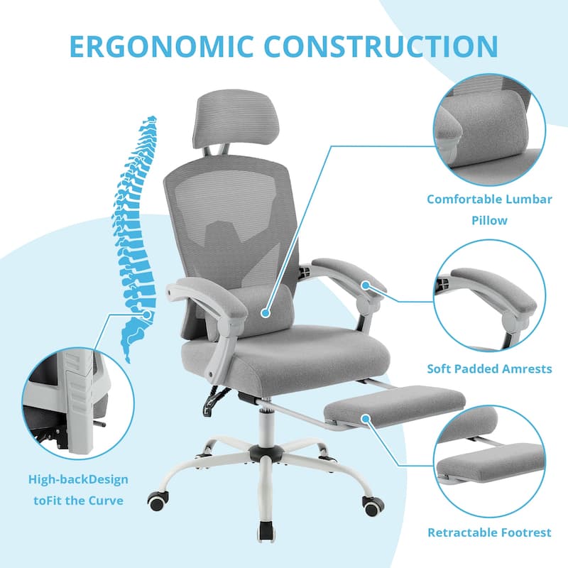 Home Office Desk Chair with Footrest, High-Back Mesh Rolling Swivel Reclining Chairs with Wheels, Comfortable Headrest